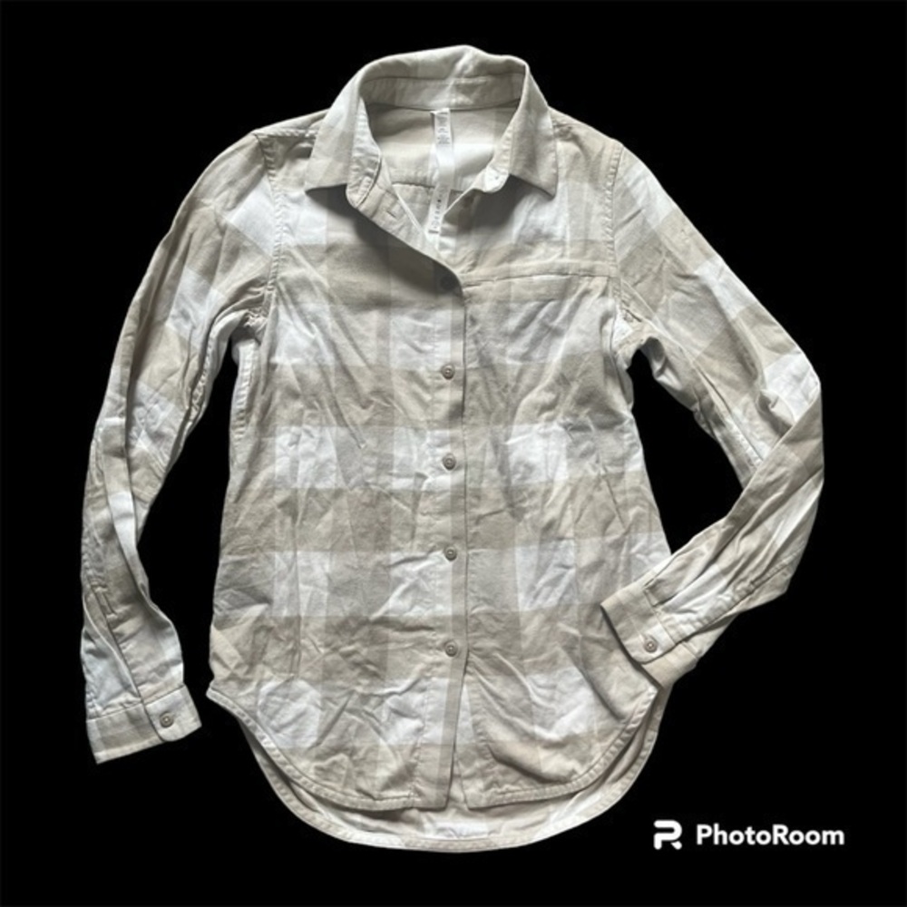 Lululemon Plaid Button Down Long Sleeve Shirt Beige White Size 0 - Picture 2 of 10